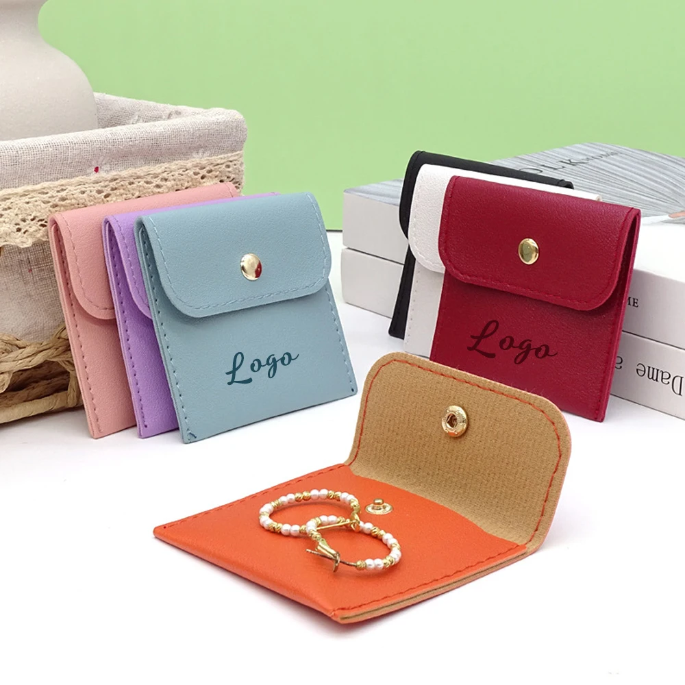 

Custom Logo Jewelty Bag 6x6cm PU Leather Envelope Flap Snap Button Pouch DIY Wedding Ring Earrings Bracelet Pendant Storage Sack