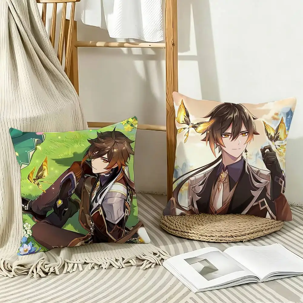Geo A-Archon Z-Zhongli Genshin Pillow Case Pattern Printed Pillowcase For Living Room Sofa Cushion Cover