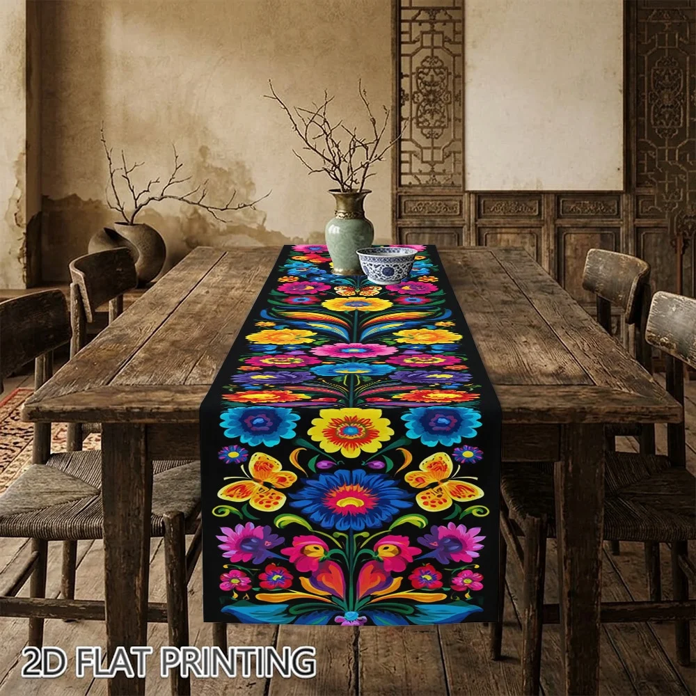 Table Runner Linen Indian Diwali Golden Flower Oil Lamp Dining Tablecloth Luxury Festival Party Banquet Home Decor