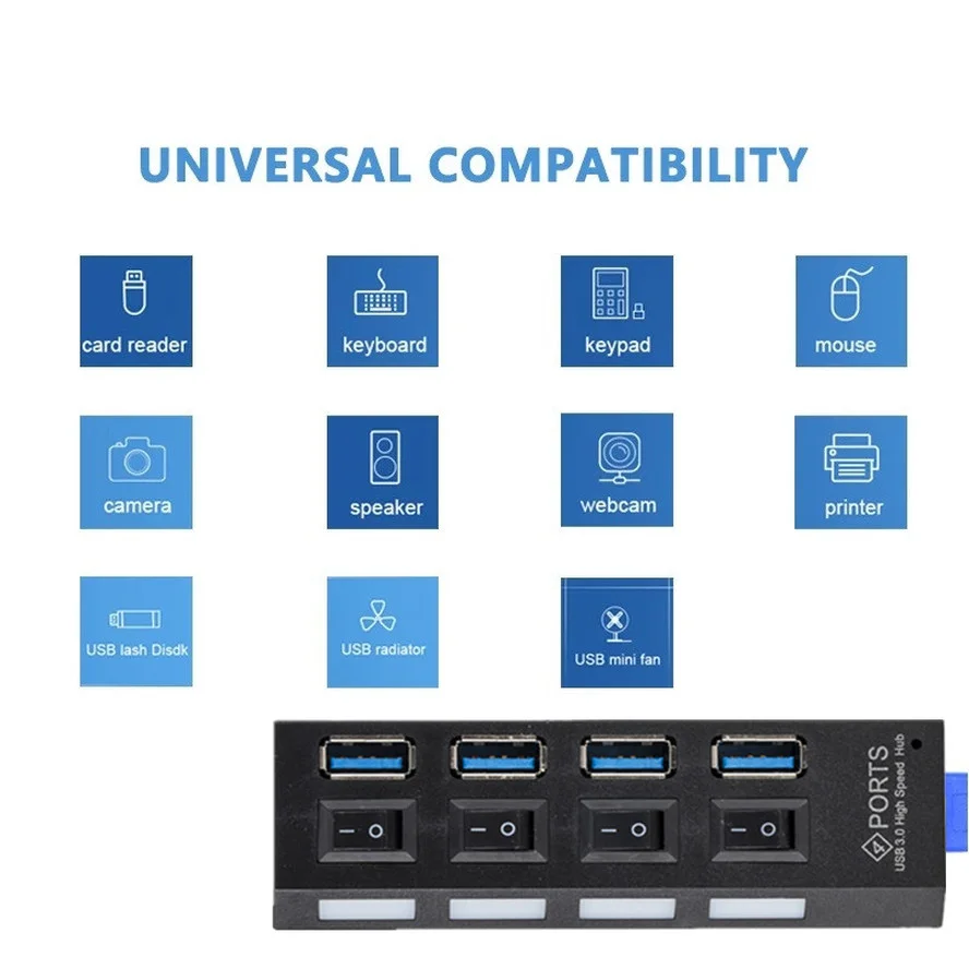 Concentrador de red USB 3,0 de alta velocidad, divisor Multi USB de 5Gbps, adaptador de corriente de uso 3 Hab, 4 puertos, expansor múltiple Hub con interruptor para PC y portátil