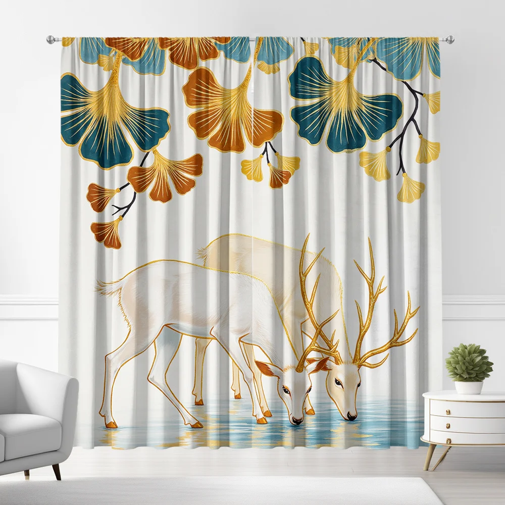 2pcs Ginkgo White Deer Water Play Natural Style Printed Curtains, Easy Artistic Style with Rod Pocket for Home Decoration, Suita