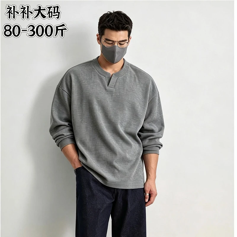 Plus Size Men Waffle Knit Henley Neck Long Sleeve Tee Autumn Winter Fleece Lined Oversized American Loose Slim Fit Big Men Tops