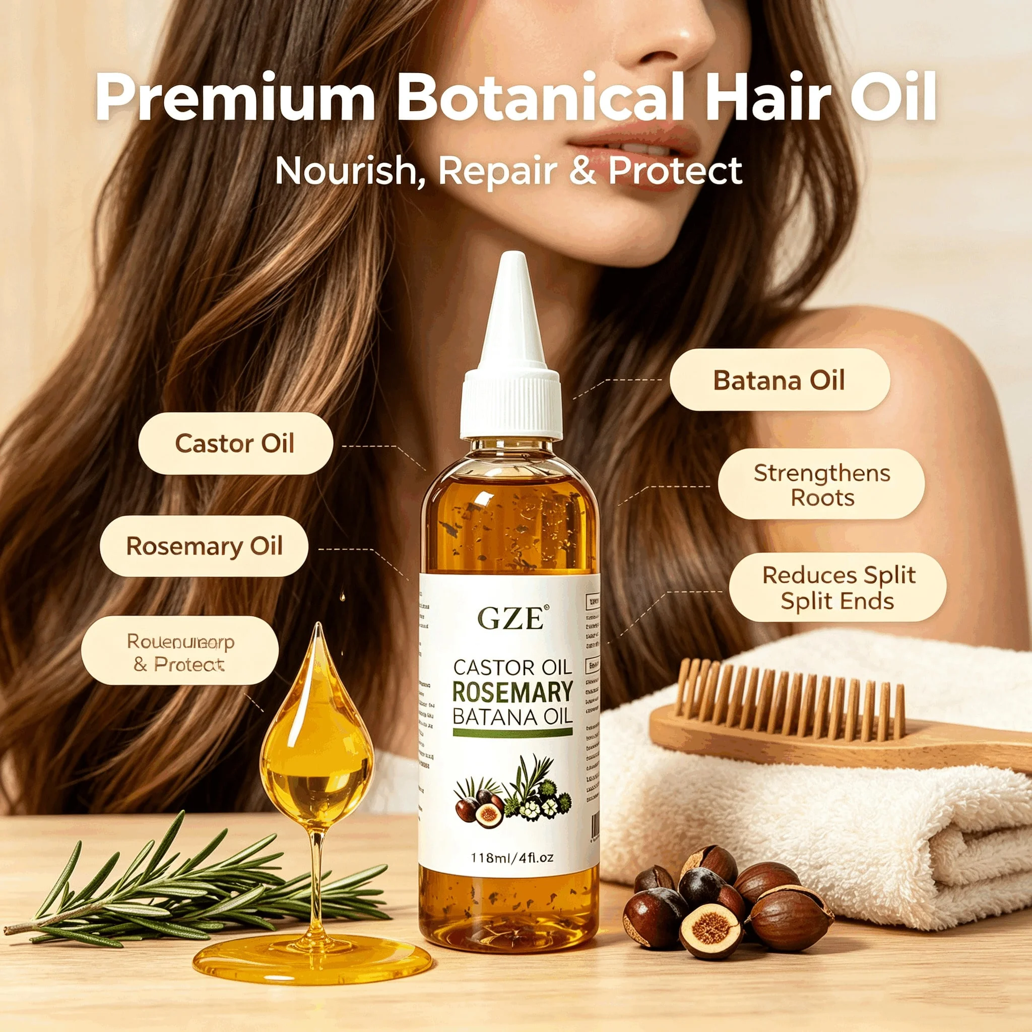 GZE Castor Rosemary Batana Hair Oil with Dried Herb Petals, Nourish Scalp, Strengthen Thin Hair, Repair Dry Frizzy Hair