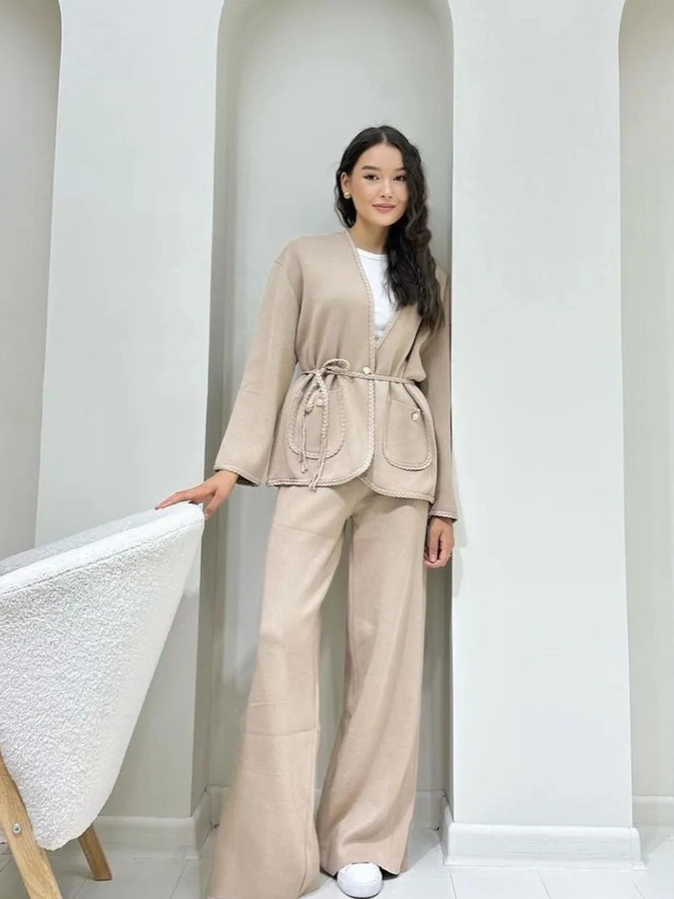 Spring Autumn Knitted Pajamas Women Suit Long Sleeve Sweater and Wide Leg Pants Sets Outwear Loose Lace Up Cardigan Outfits Sets