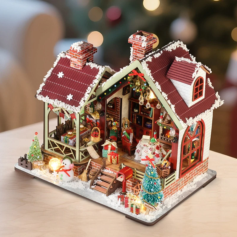 DIY 暖かいクリスマスロッジハウス木製ミニチュアモデルキット 3D パズル雪だるまドールハウス家具ドールハウス友人ギフト