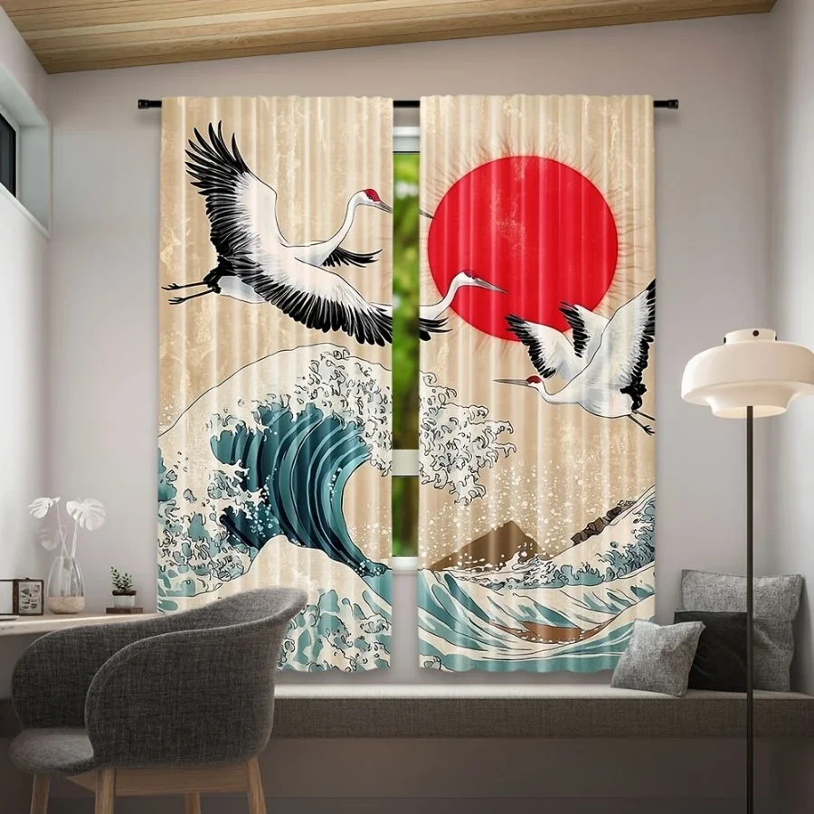 2PCS Digital Printed Curtains, Crane Returns to Sea Pattern, Beautiful Window Drapes for Living Room Bedroom Home Decor