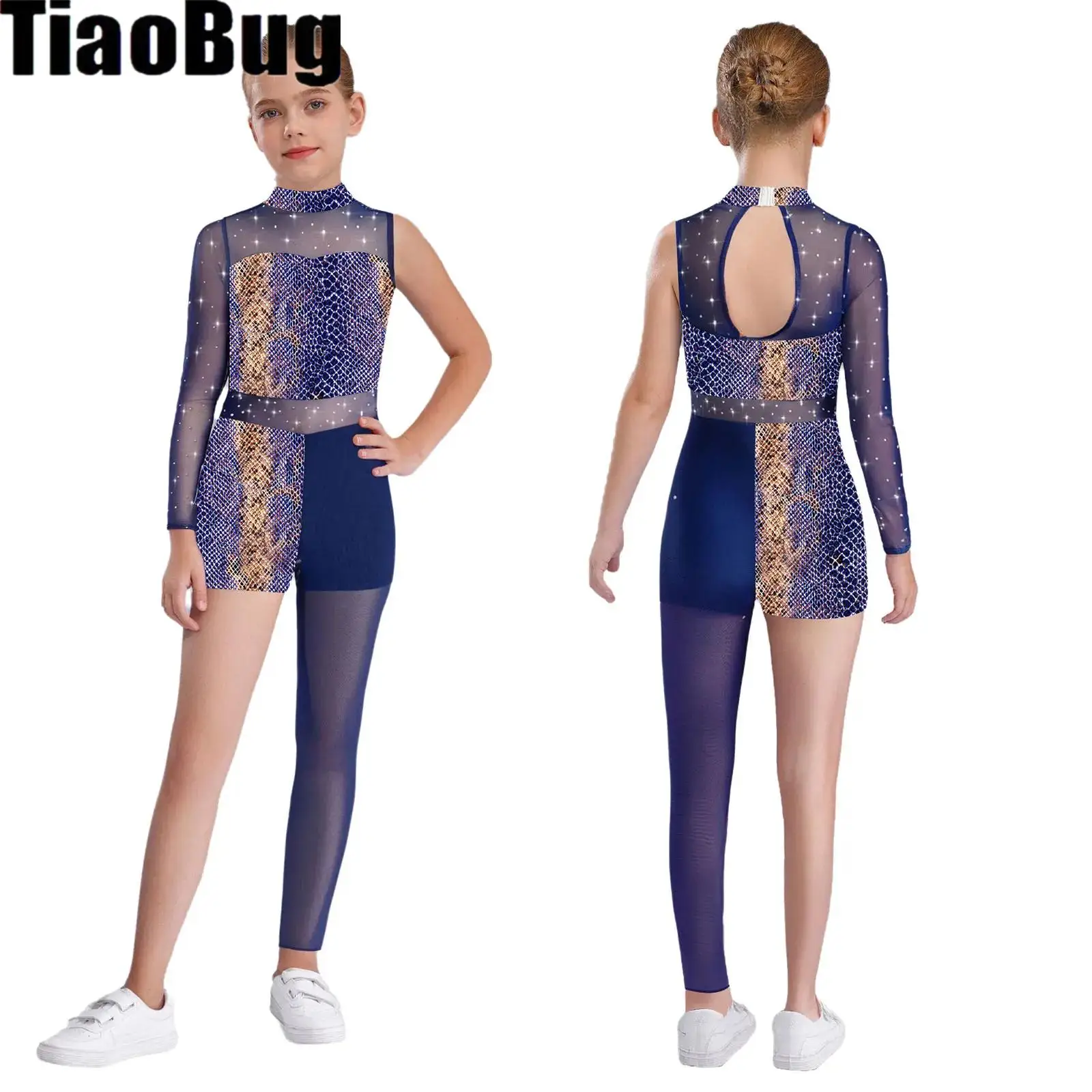 

Kids Girls Printed Gymnastics Leotard Shiny Rhinestones Sheer Mesh Patchwork Asymmetrical Bodysuit