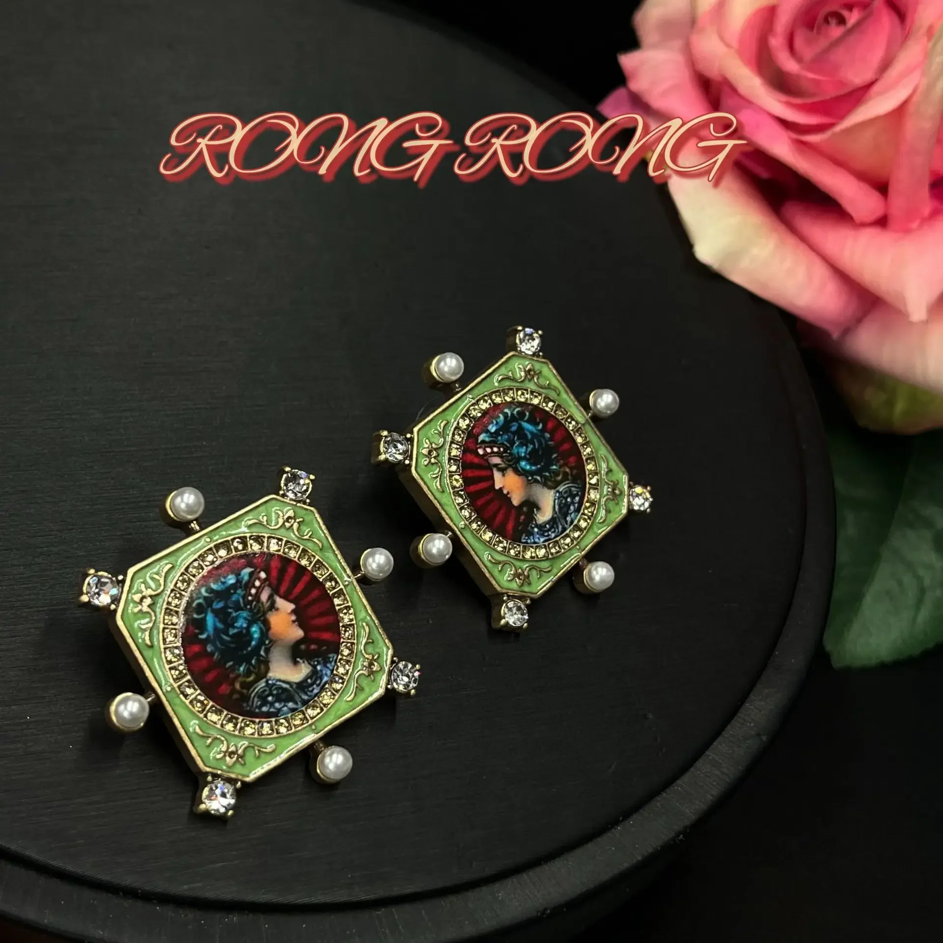 European and American Retro Geometric Square European Court Portrait Diamond Earrings Western Style Antique Medieval Earrings