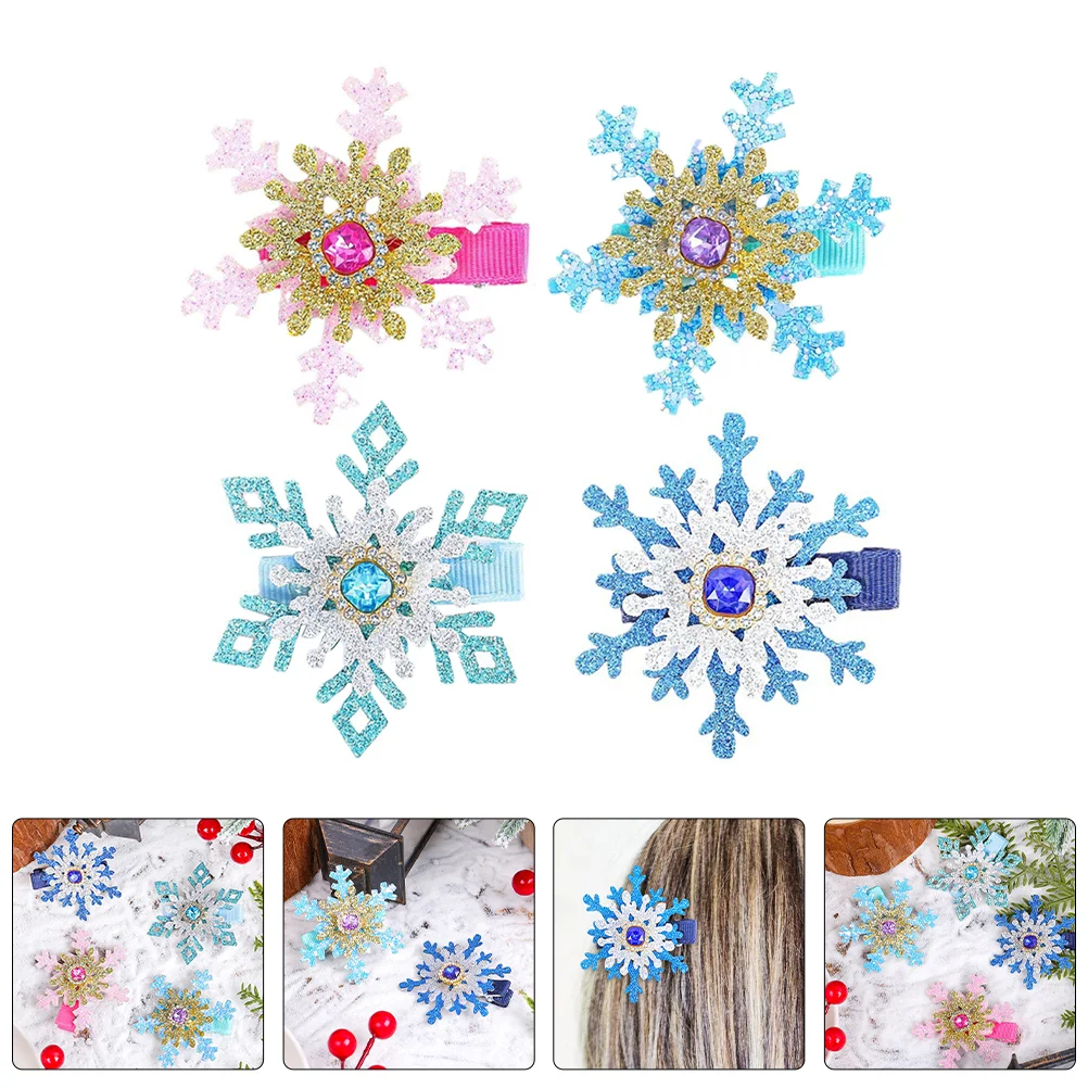 

4 Pcs Snowflake Hair Clip Jewelry Duckbilled Top Pins Rhinestone Clips for Christmas Iron