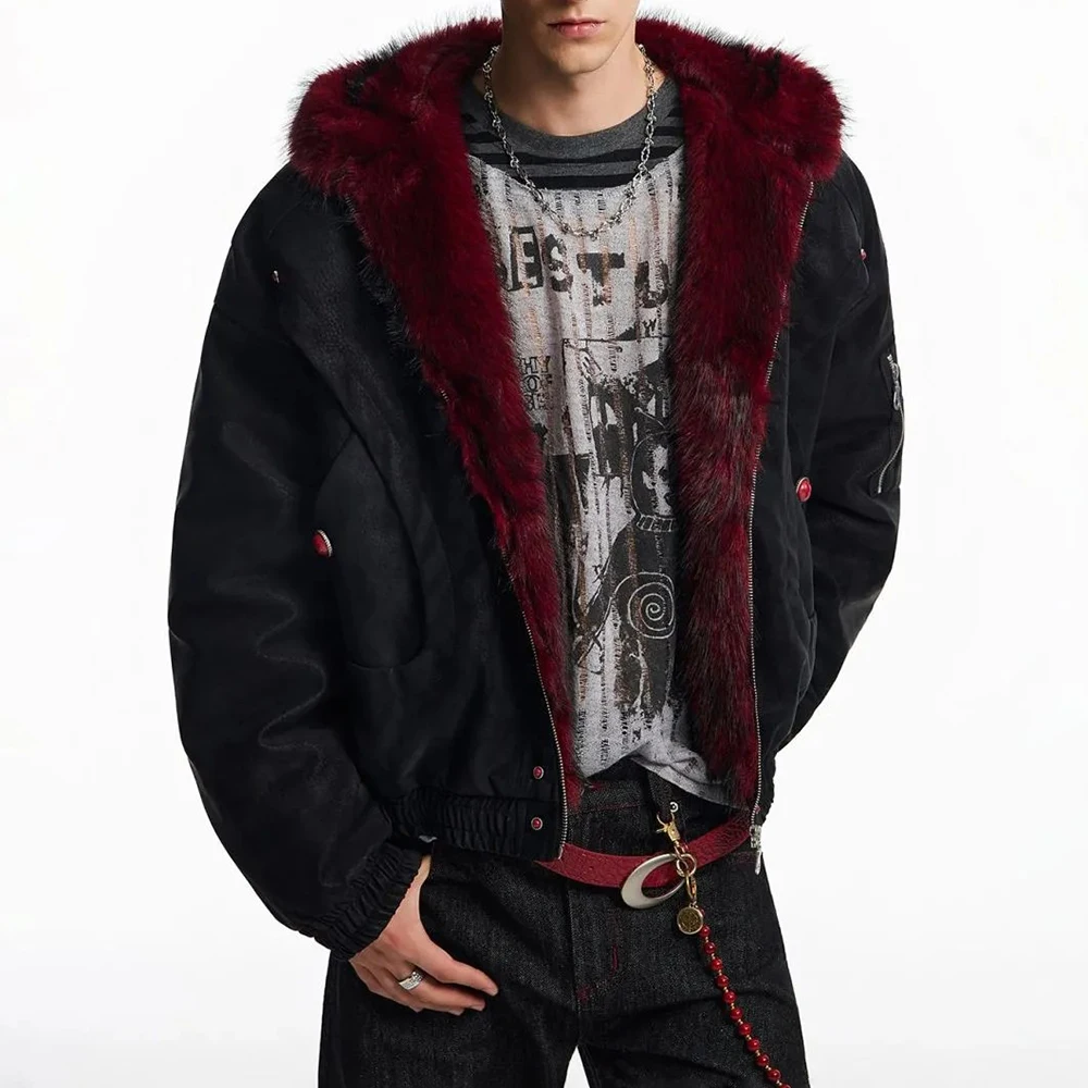 2025 Winter New Men's Patchwork Hooded Long-Sleeve Jacket American Retro Fashion Trendy High Street Loose Casual Niche Men's Top