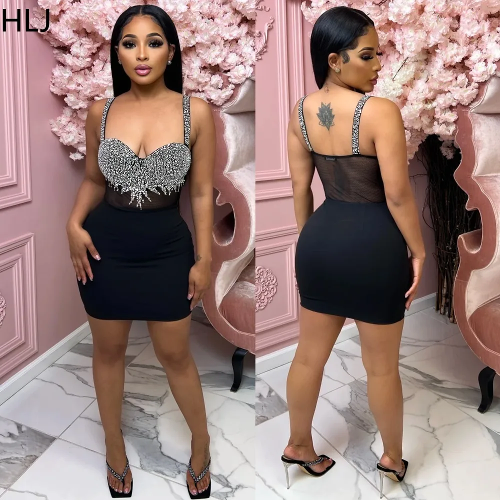 

HLJ Black Sexy Mesh Luxury Rhinestones Party Club Suspended Dress Women Deep V Sleeveless Bodycon Mini Dresses Fashion Vestidos