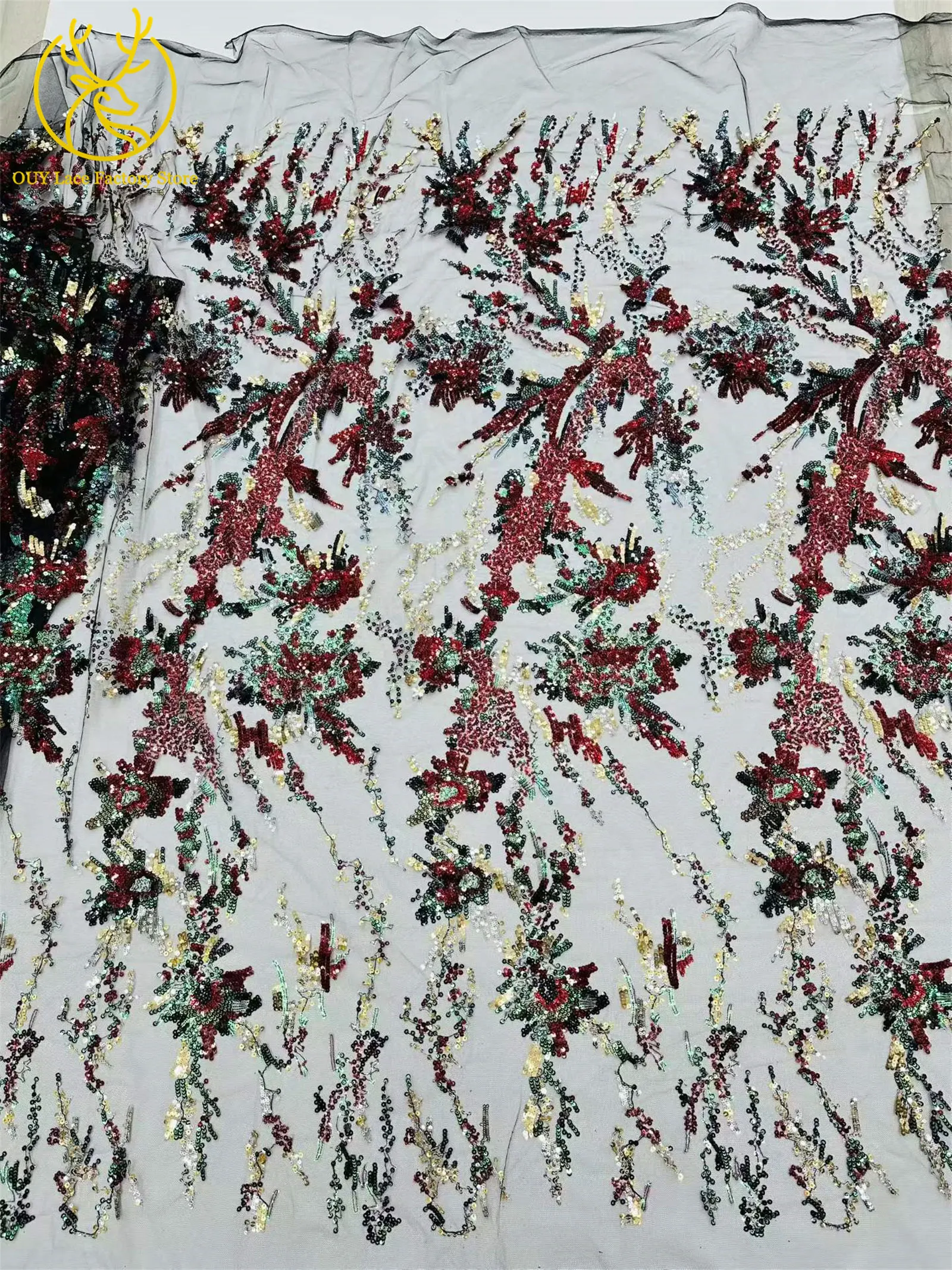 Roter afrikanischer Pailletten-Spitzenstoff, 5 Yards, hochwertiger, eleganter französischer Stickerei-Spitzenstoff für Hochzeits- und Abendkleider zum Nähen – Detail 8