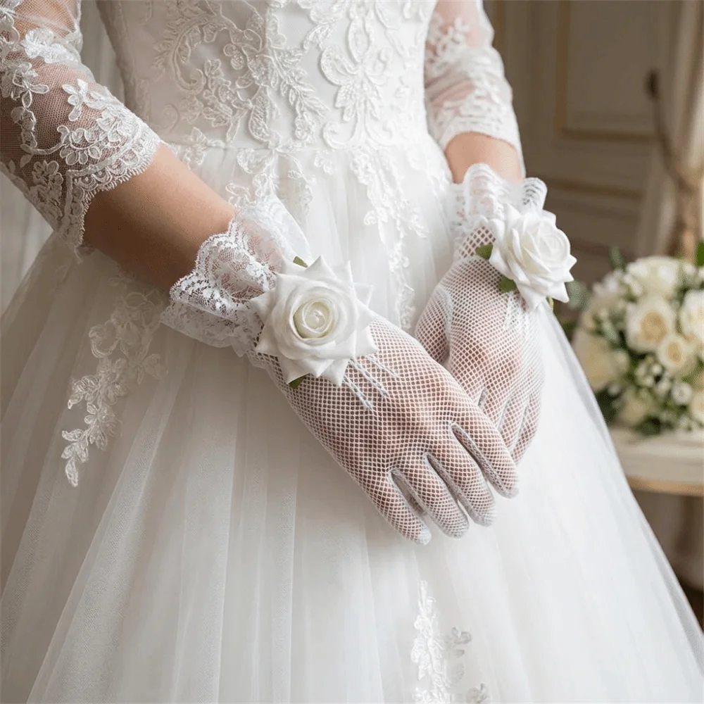Vintage Rose Flower Fishnet Gloves Thin Hollow Out Mesh Mittens Breathable Punk Bridal Gloves Cosplay