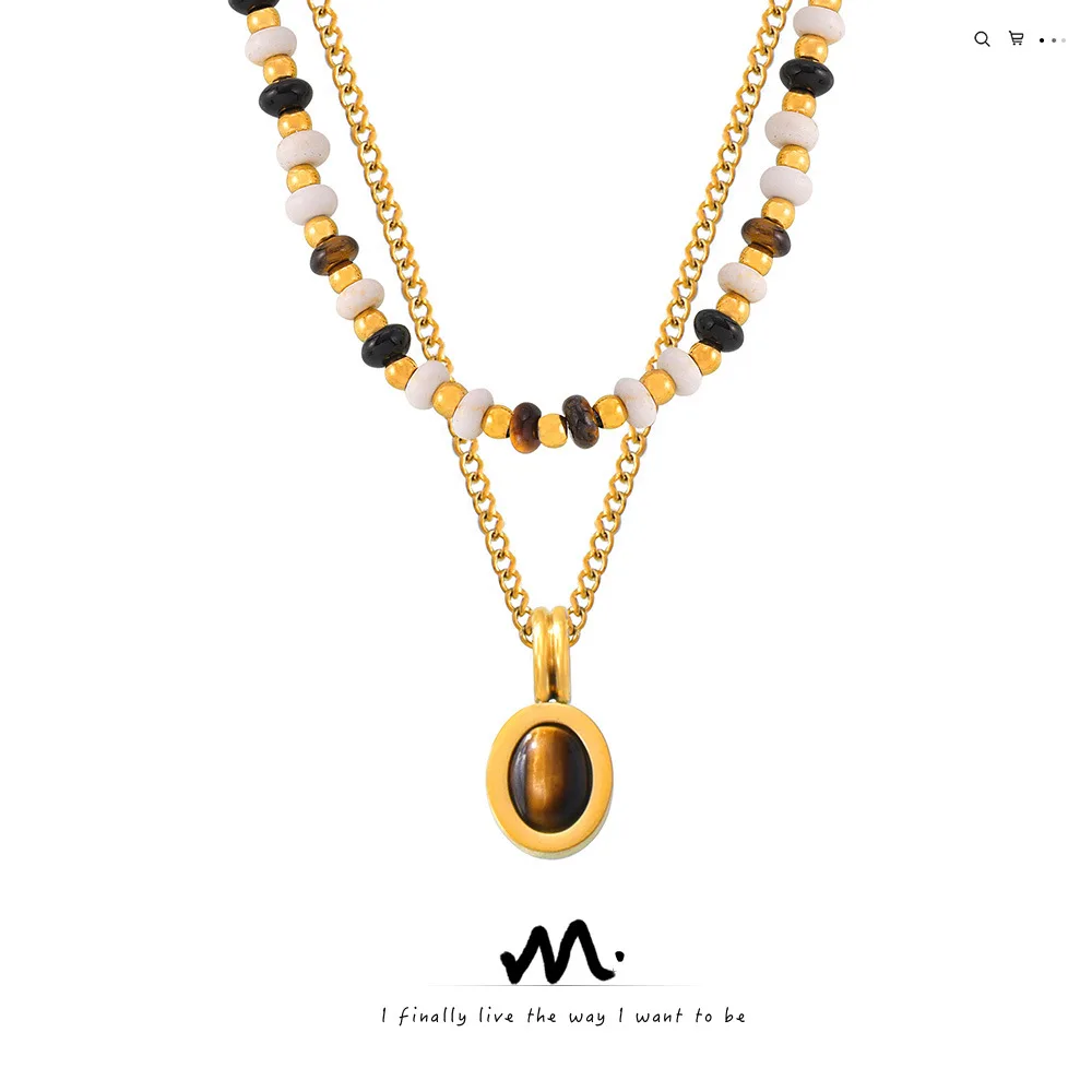 

Vintage Tiger Eye Pendant Necklace Natural Stone Beaded Choker Double Layer Titanium Steel Chain Boho Stackable Jewelry Gift