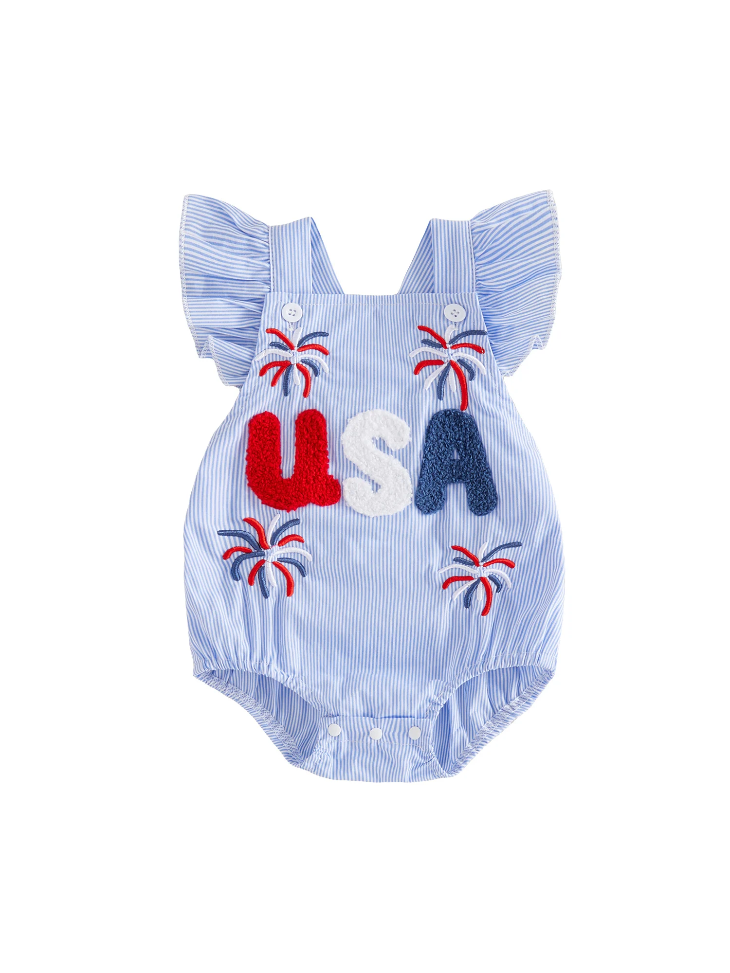 

Патриотический комбинезон для маленьких девочек с рукавами-крылышками, квадратным вырезом горловины, вышивкой в виде фейерверков и подходящей повязкой на голову.