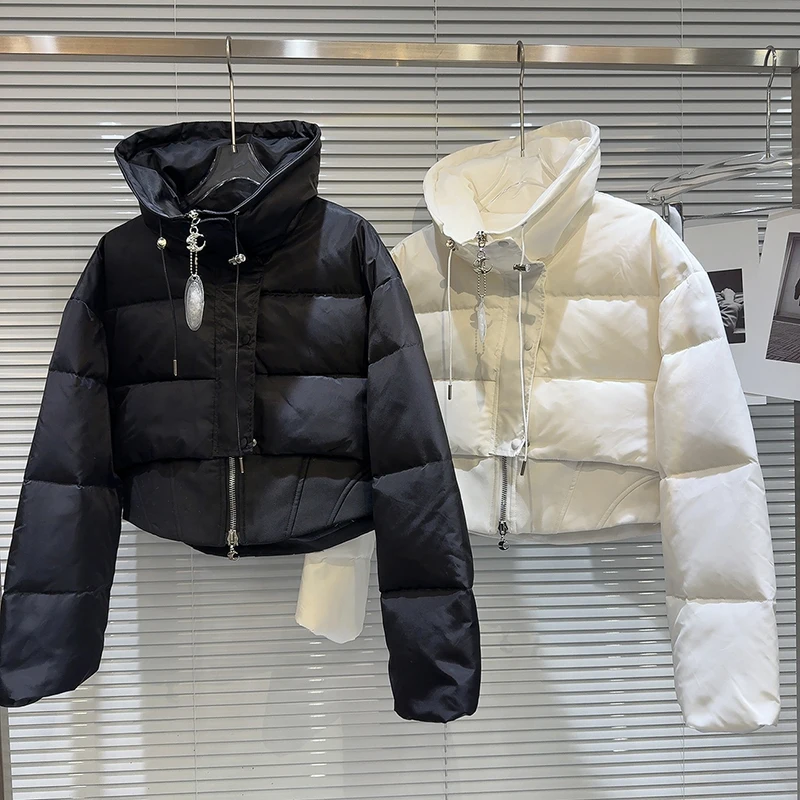 Vrouwen dubbele rits ontwerp gevoel trekkoord hoge hals korte witte eend donsjack 2025, winter nieuwe dikke casual warme jas
