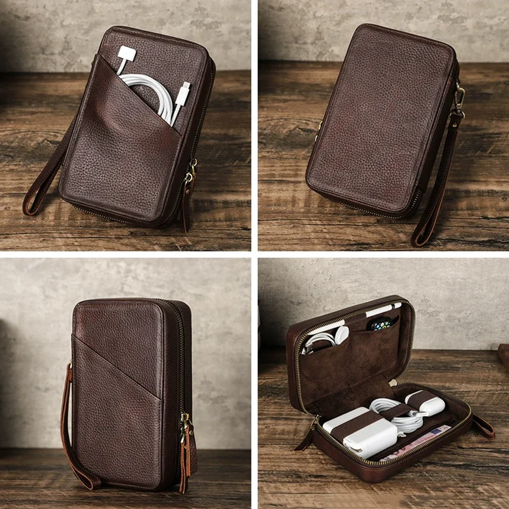 Portable Shockproof Leather Storage Box for Apple Data Cable Capacitive Pen Handmade Zipper Pouch for Small Phone Accessories