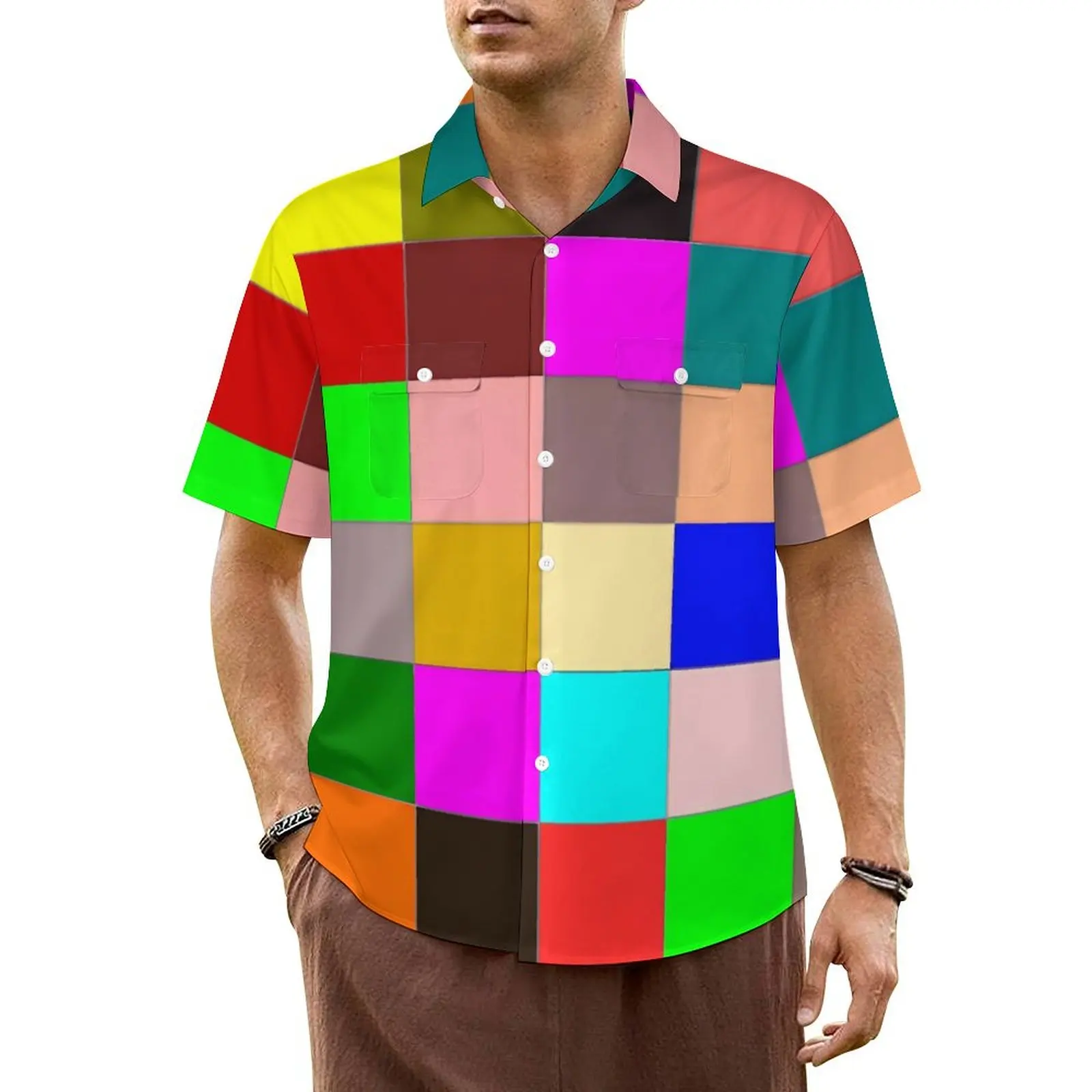 

Rainbow Color Block Casual Shirt Checkerboard Vintage Hawaiian Shirts Male Short-Sleeve Beach Streetwear Oversized Blouses