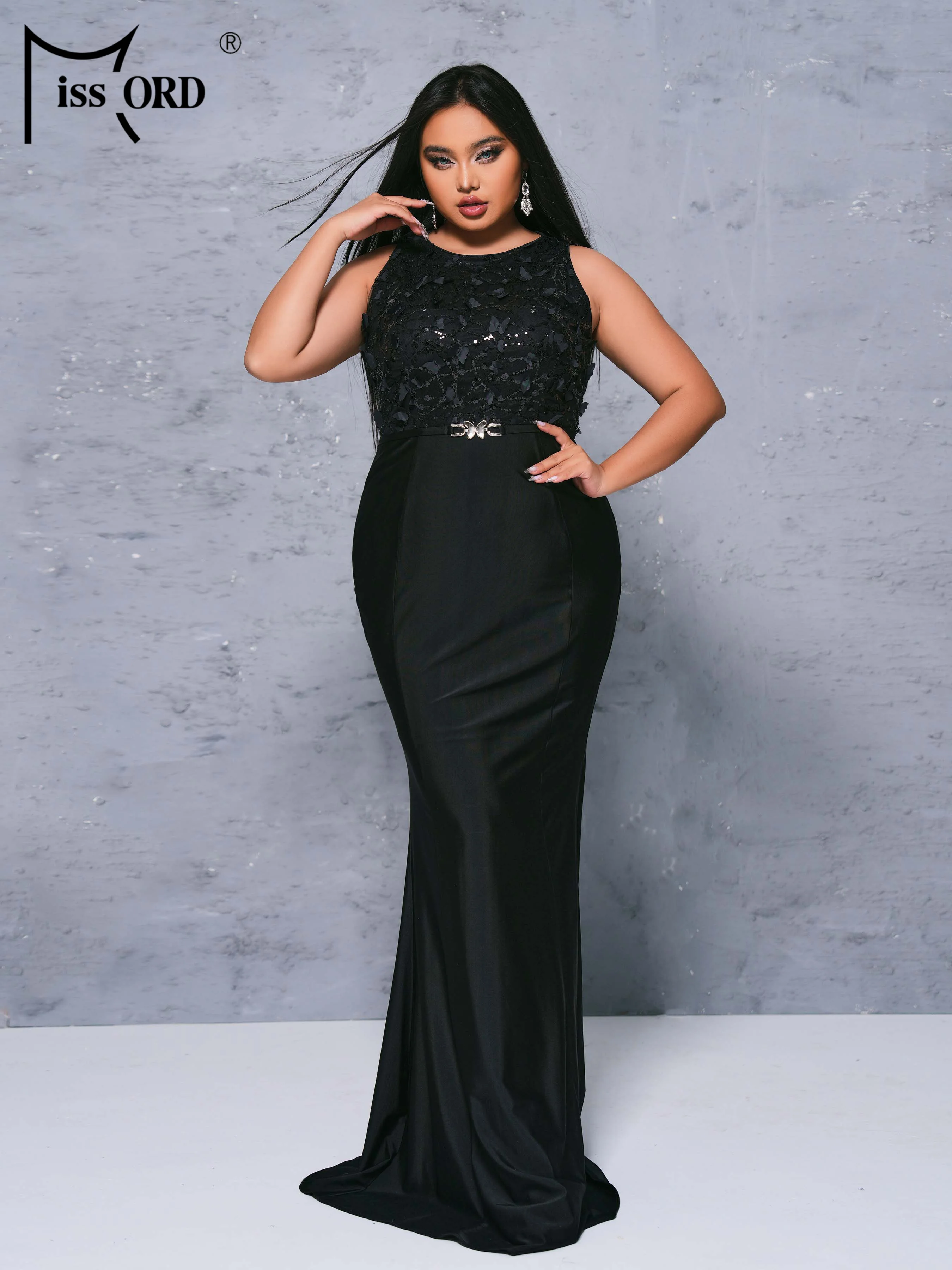 Missord Plus Size Round Neck Sleeveless Panel Black Mermaid Evening Large Evening Formal Occasion Dresses