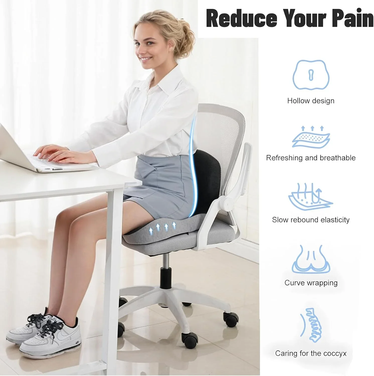 One-piece Memory Foam Seat Cushion with Backrest Ergonomic Lumbar Support Hip Pressure Relief Pad for Office Chair Car