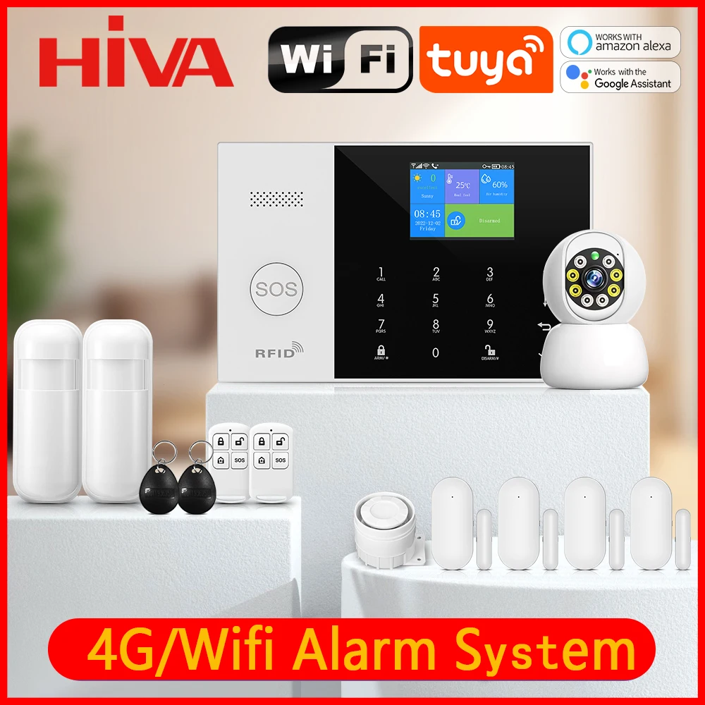 HIVA 4G Wifi Alarm System 433MHz Home Burglar Security with Motion Sensors Remote Control 11 Languages Wireless Alarm System Kit