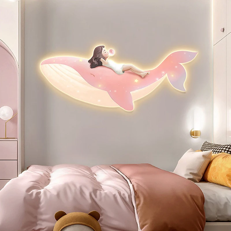 e*-Children's room, bedroom, bedside, girl's room, light painting, whale-shaped mural, LED lighting atmosphere light painting