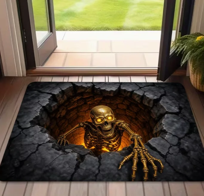 2D Flat Printing, Skull Horror 3D Visual Entrance Floor Mat, Non-Slip Machine Washable Easy To Clean Polyester Carpet Decoration