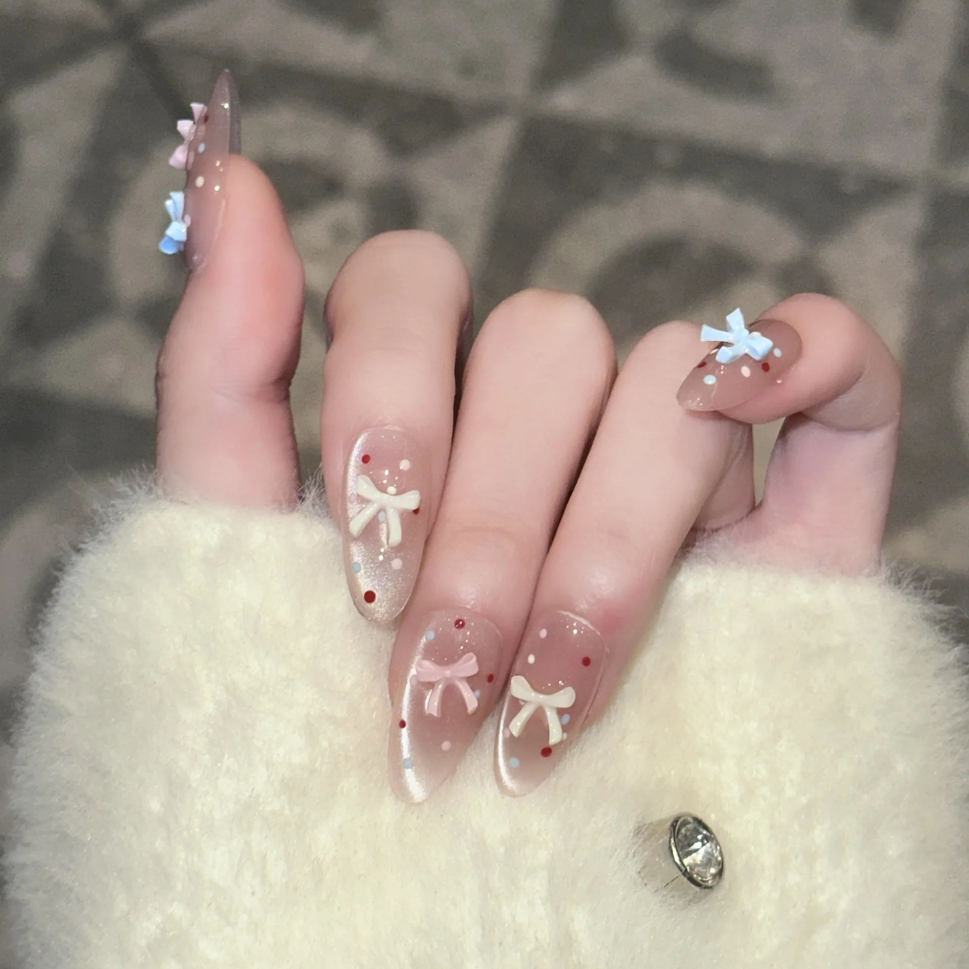 

10Pcs Handmade Press on Nails Sparkling Cat Eye Polka Dot Colorful Bow Design Medium Ellipse False Nails Wearable Fake Nail Tip