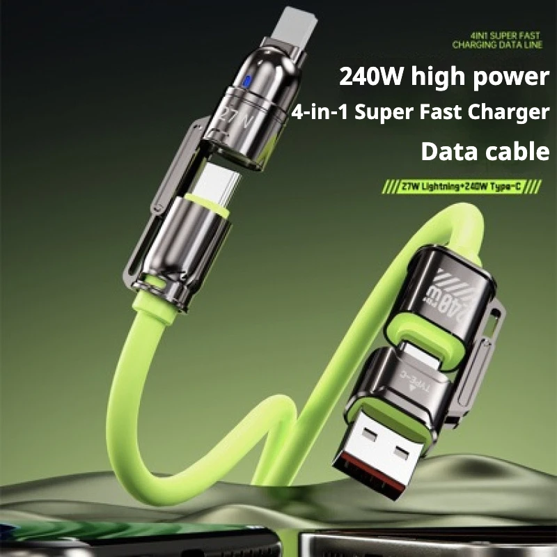 2m 240W Silicone 4-in-1 Fast Charging Cable for IPhone 16 15 14 13 12 11 Pro Max for Samsung S25 S24 S23 for LG for Moto G Oppo