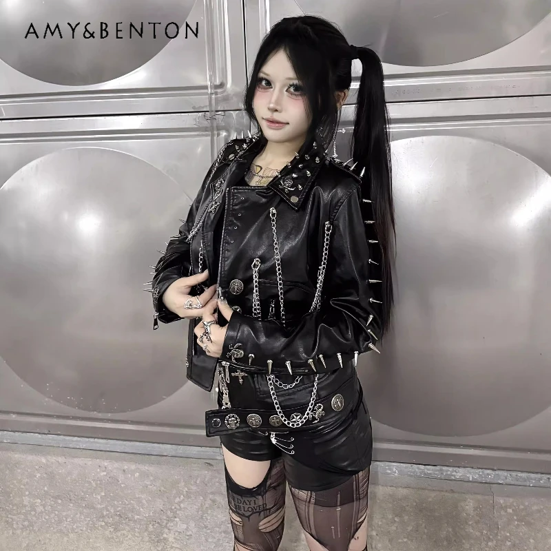 

European American Punk PU Hot Girl Y2K Women's Leather Jacket Original Design Rivet Chain Sweet Cool Heavy Industry Coat Ladies