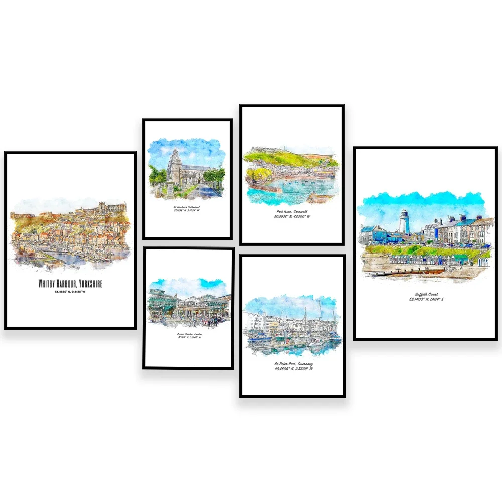 Covent Garden, Torre del Reloj de Weymouth Beach, Costa de Suffolk, Castillo de Corfe, póster de acuarela con arquitectura de Dorset