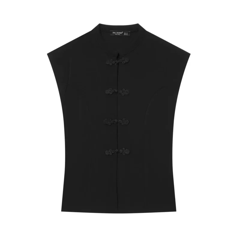 Women's Top New 2026 Summer Simple Women Frog Fastening Sleeveless Stretch Shirts & Blousers Female Chic Tops