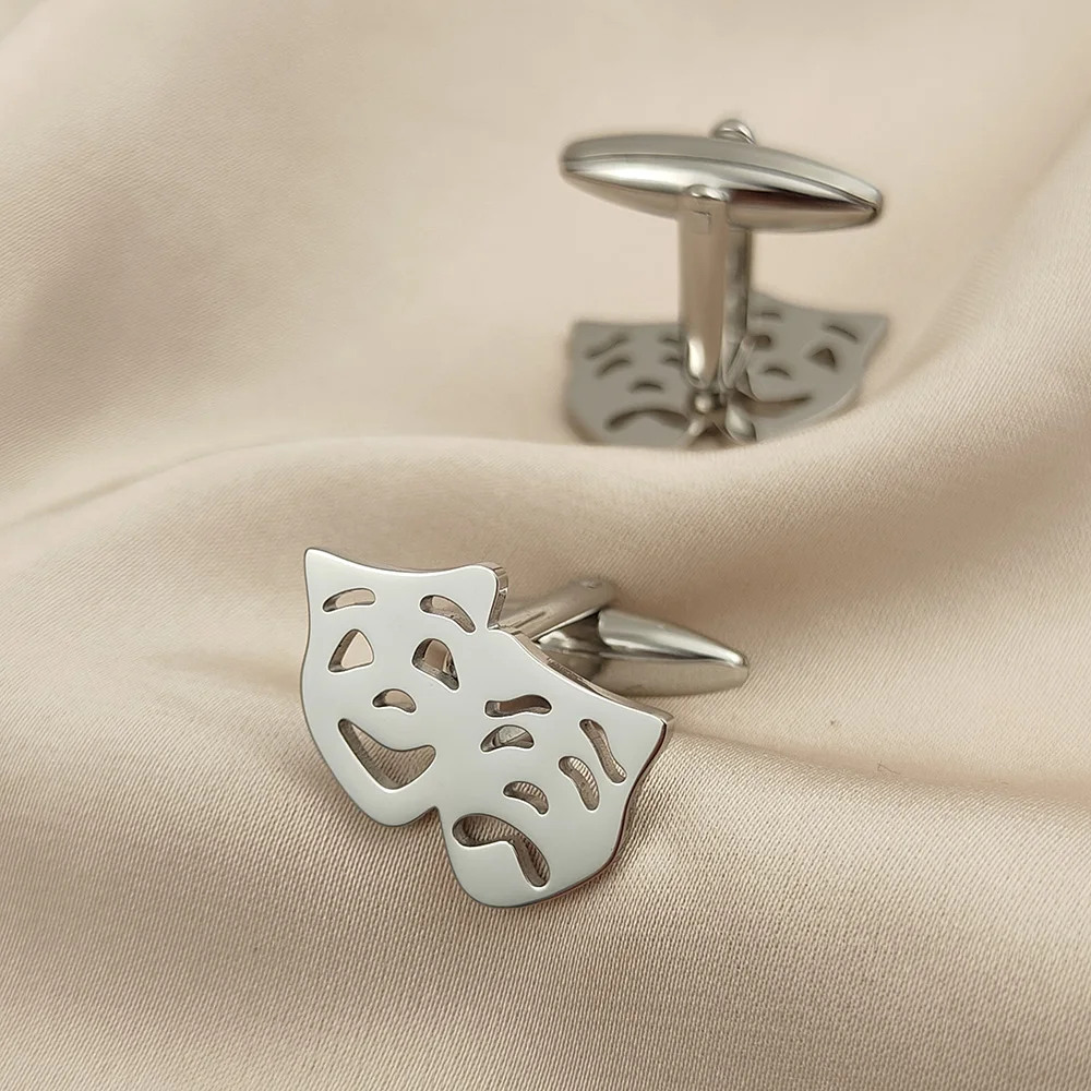 Cufflinks 316L Stainless Steel 18K Gold Plated Theater Comedy Tragedy Mask Hollow Mens Shirt Cuff Links Wedding Business Jewelry view 5
