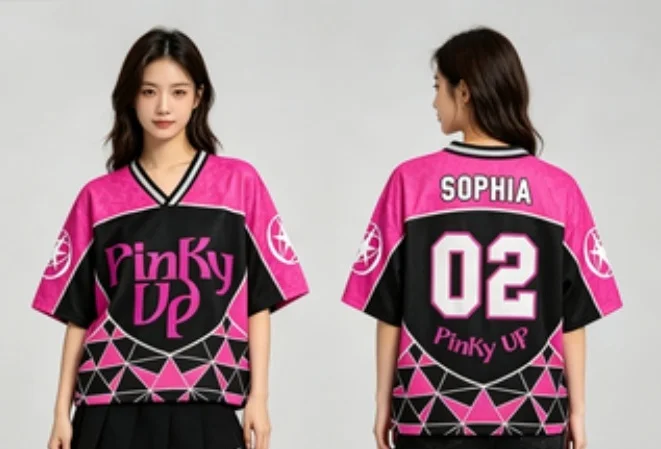 Family Replica Sport Jersey, Pink‑Black Color‑Block V‑Neck Short‑Sleeve Mesh Top,Breathable Polyester, Casual Fan Tee