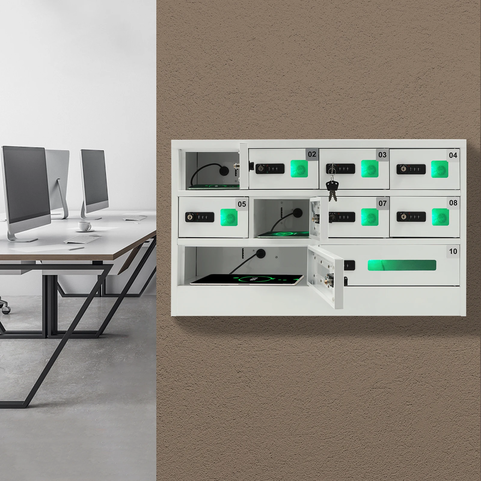 

10-Slots Cellphone Locker Storage Charging Station with 3 in 1 Charg Ports, Cell Phone Assignment Mail Slot Box for Most Types