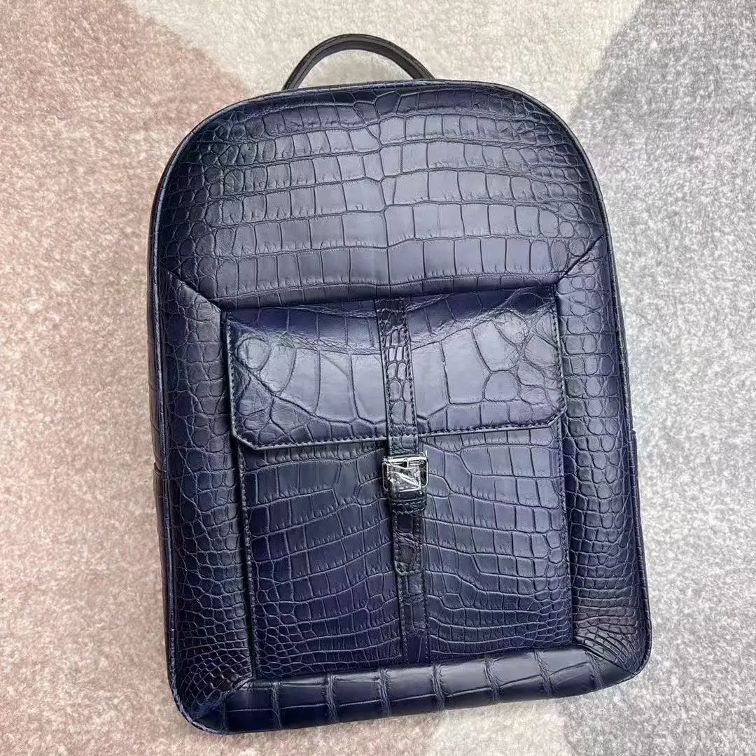 Blue color Genuine Crocodile Leather Backpack Daily Fashion Bag with Cow Leather Lining Luxury Quality Men Laptop Bag Black
