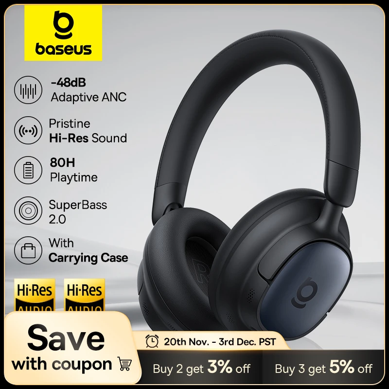 Baseus Bowie MH1 ANC Wireless Headphone 48dB Adaptive Hybrid Noise Cancelling Headsets 80H Playtime Hi-Res Audio LDAC Headphone