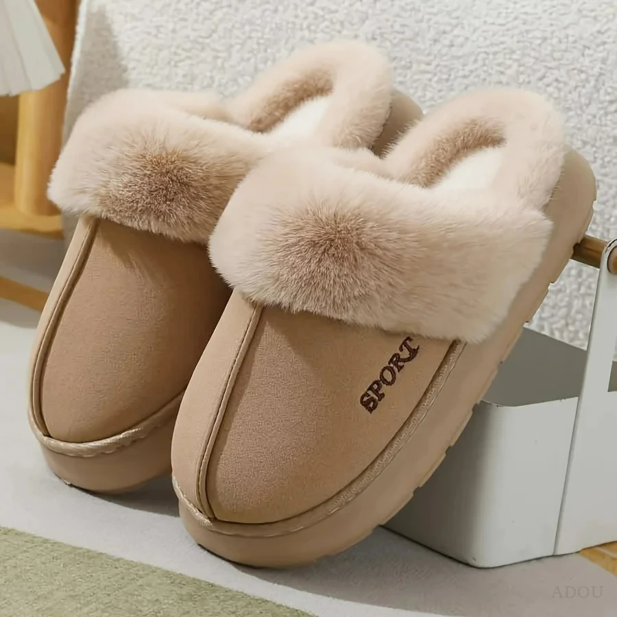 

Winter Warm Sports Fluffy Slippers Women Thick Sole Non Slip Plush House Shoes Woman Fashion Faux Fur Platform Indoor Slippers
