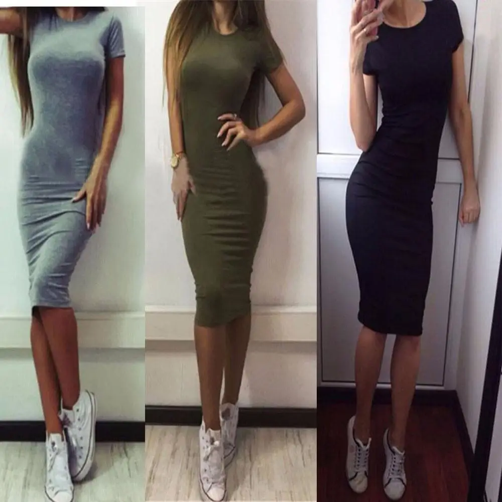 

Summer Fashion Sexy Solid Color Waist Wrap Hip Dress Tight Fit Dress Women's Short Sleeves Round Neck Women's Dress