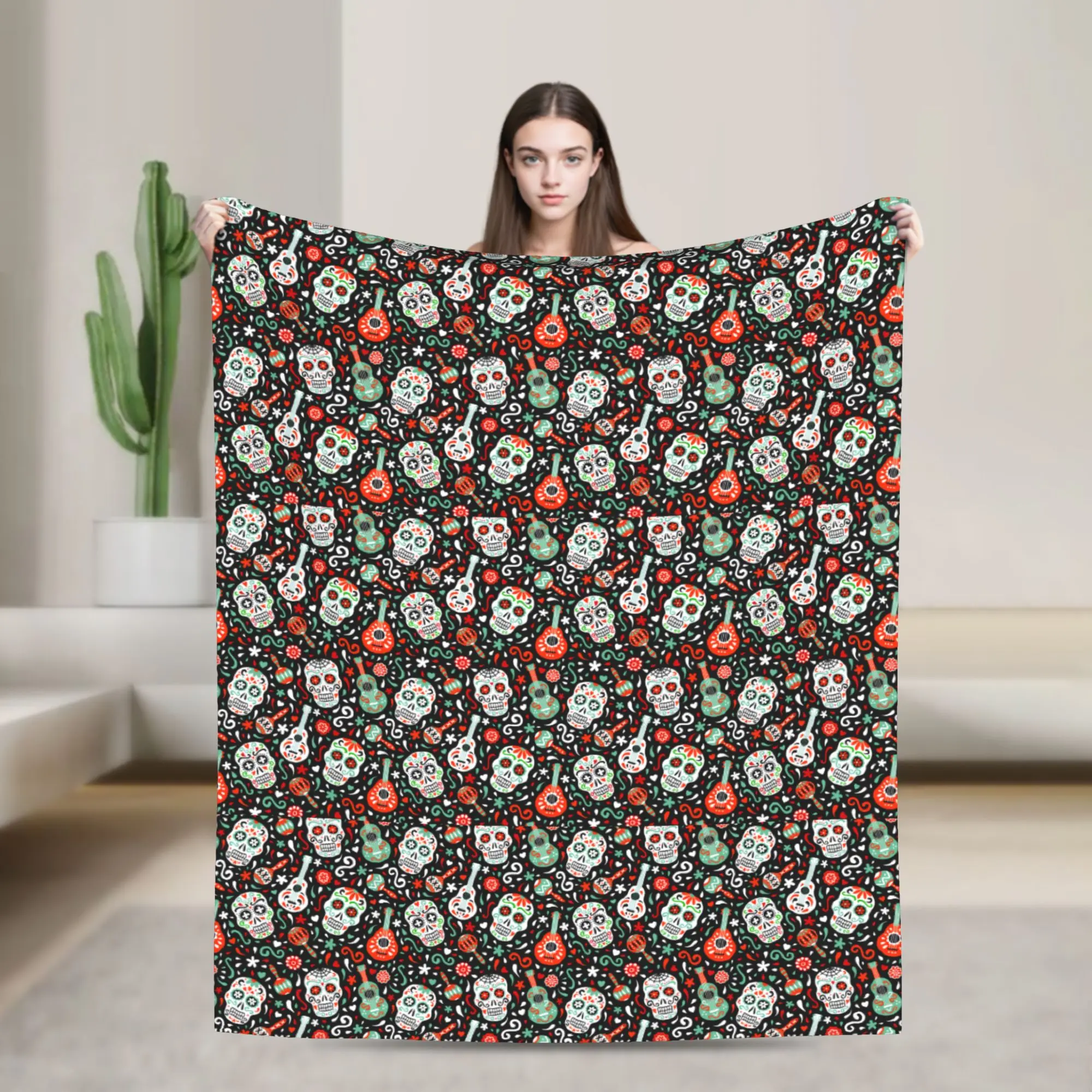 Manta de calavera de azúcar del Día de los Muertos, suave, de franela y forro polar, cálida, con diseño de esqueleto mexicano, estilo gótico, ideal para el coche, la cama, el sofá o como colcha.