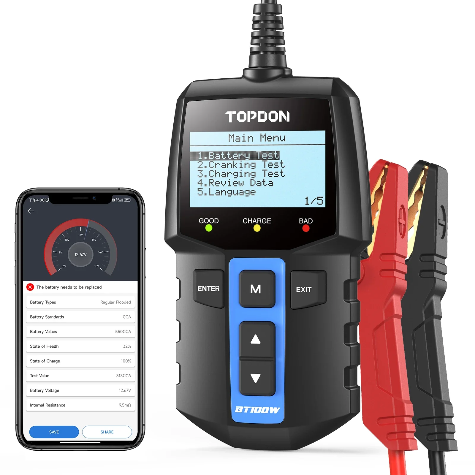 

2025 горячая распродажа TOPDON BT100W Портативный 100-2000CCA Flooded AGM Gel EFB VRLA 12 В Автомобильный мотоцикл Автомобильный аккумулятор с цифровой нагрузкой Tes
