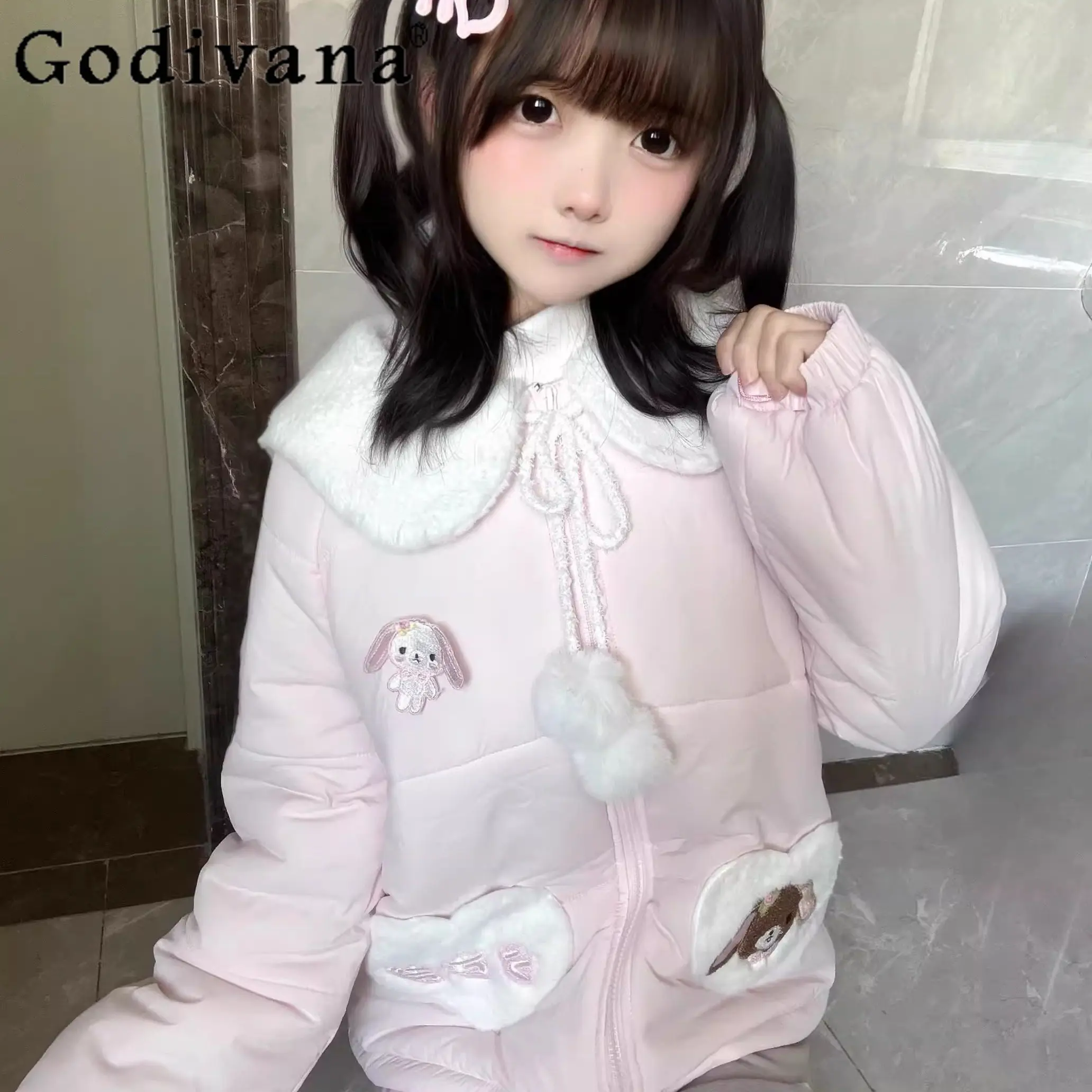 

Original Japanese Soft Girl Kawaii Pink Short Parka Coat Winter Girls Cartoon Embroidery Y2K Short Jacket Daughter Clothes Women