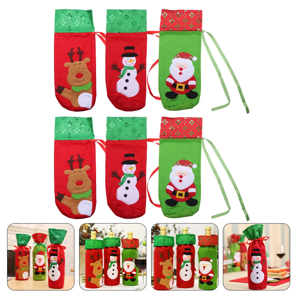 

6Pcs Christmas Decors Wine Bottle Covers Stylish Xmas Themed Bags Reusable Drawstring Wine Sleeves for Holiday Party Decoration