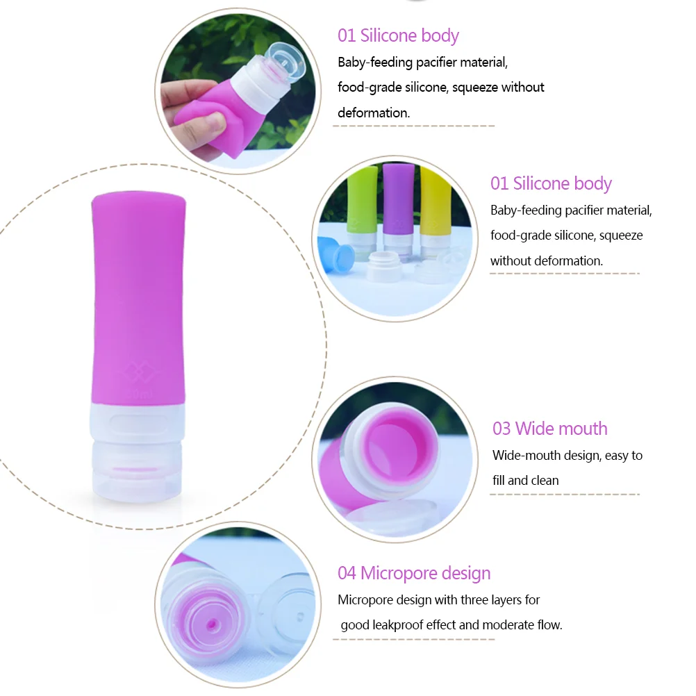 Portable Travel Bottle Soap Dispensers Silicone Bottles Countertop Lotion Containers 60ml (Pink)