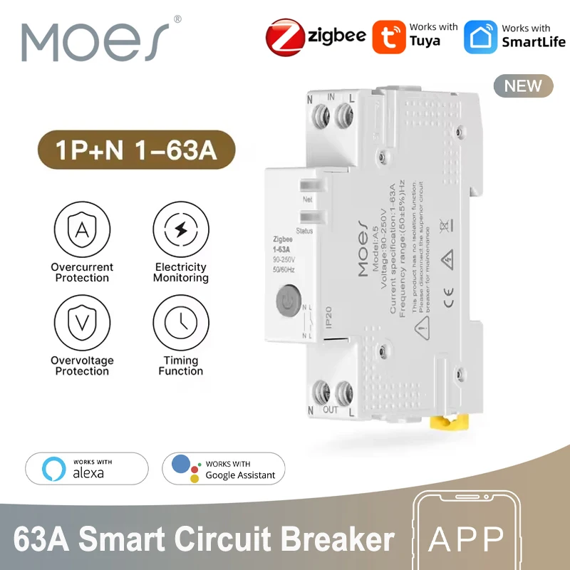 MOES Tuya Zigbee قطاع دارة ذكي 63A إنذار عتبة مجموعة مراقبة الكهرباء V0 مقاومة للحريق APP التحكم مع Alex