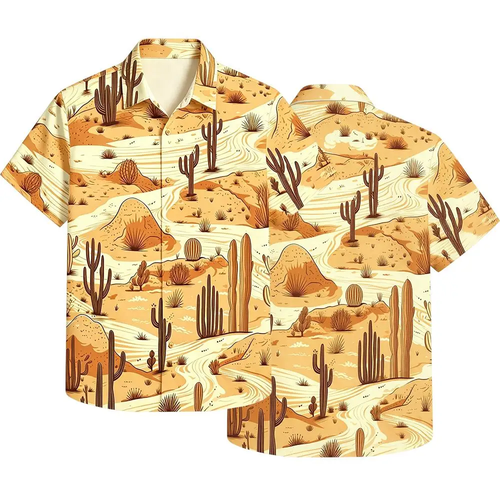 Men's Hawaiian Shirt Vintage Desert Cactus 3D Print Lapel Button Up Shirts Summer Casual Western Landscape Beach Vacation Blouse