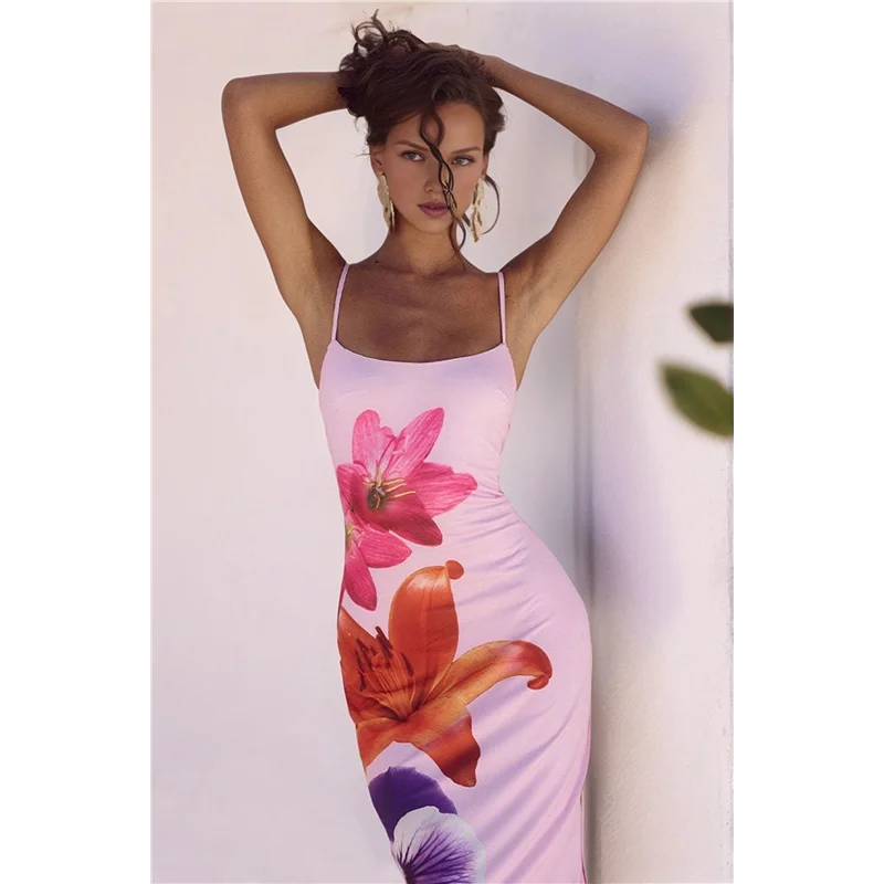 ใหม่-สตรีชุดMaxiดอกไม้ฤดูร้อน 2025 สปาเก็ตตี้สายคล้องคอBodyconตาข่ายBeach Dresses