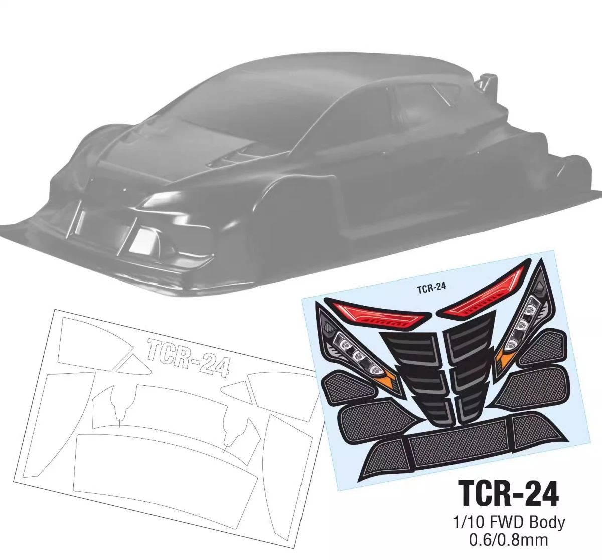 

1:10 Electric fwd car Clear lexan body. TCR-24 PIP RC Car shells 190mm. 1/10 On Road body 257mm Wheelbase. Tamiya tt01 tt02