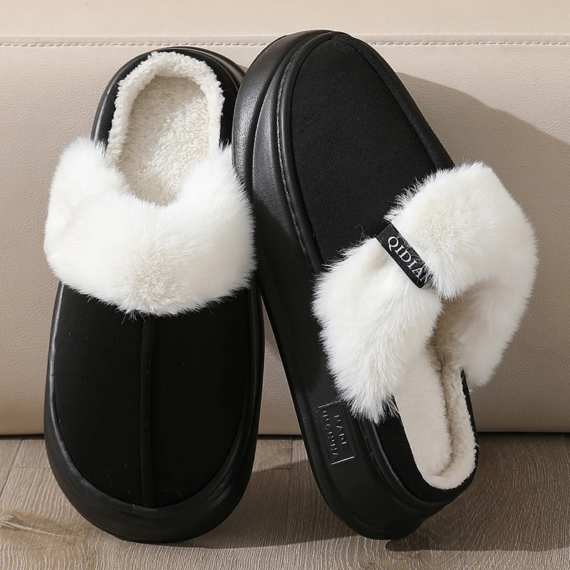 

Thick Sole Fluffy House Slippers for Women 2025 Winter Plush Warm Cotton Shoes Woman Fashion Faux Rabbit Fur Platform Slippers