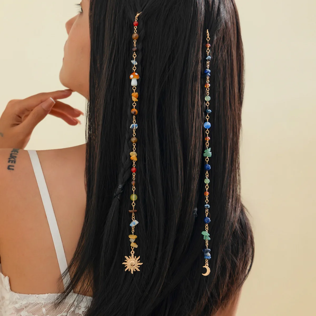 

IngeSight.Z 2Pcs/Set Women Boho Crystal Stone Long Tassel Pendant Hair Accessories Headdress Vintage Sun Moon Charm Hairwear